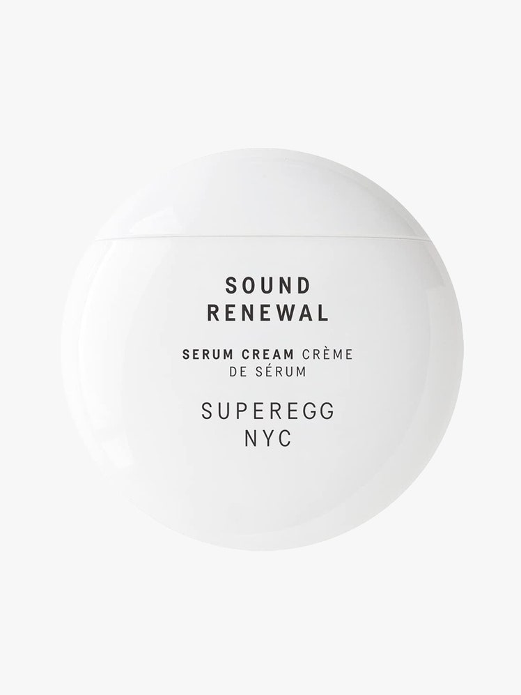 Superegg Sound Renewal Moisturizer round white container of moisturizer on light gray background