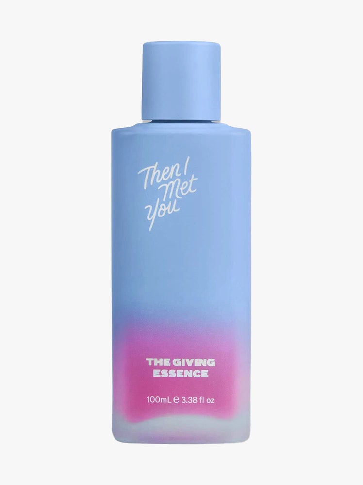 Then I Met You The Giving Essence blue to purple rectangle bottle on light gray background