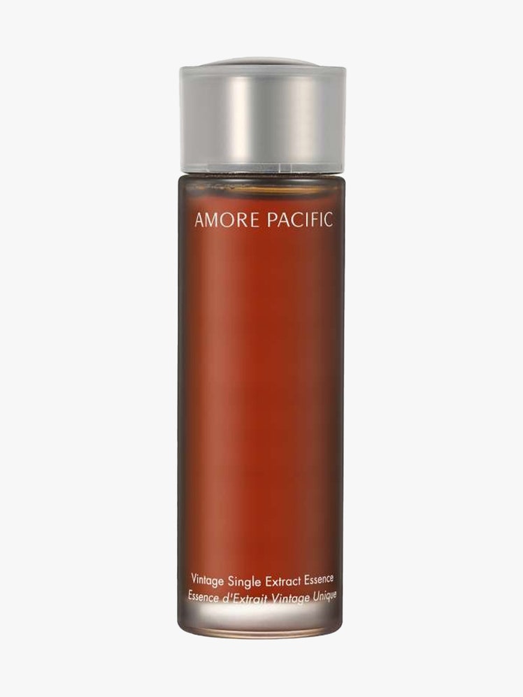 AmorePacific Vintage Single Extract Essence bottle of dark red toner with silver cap on light gray background