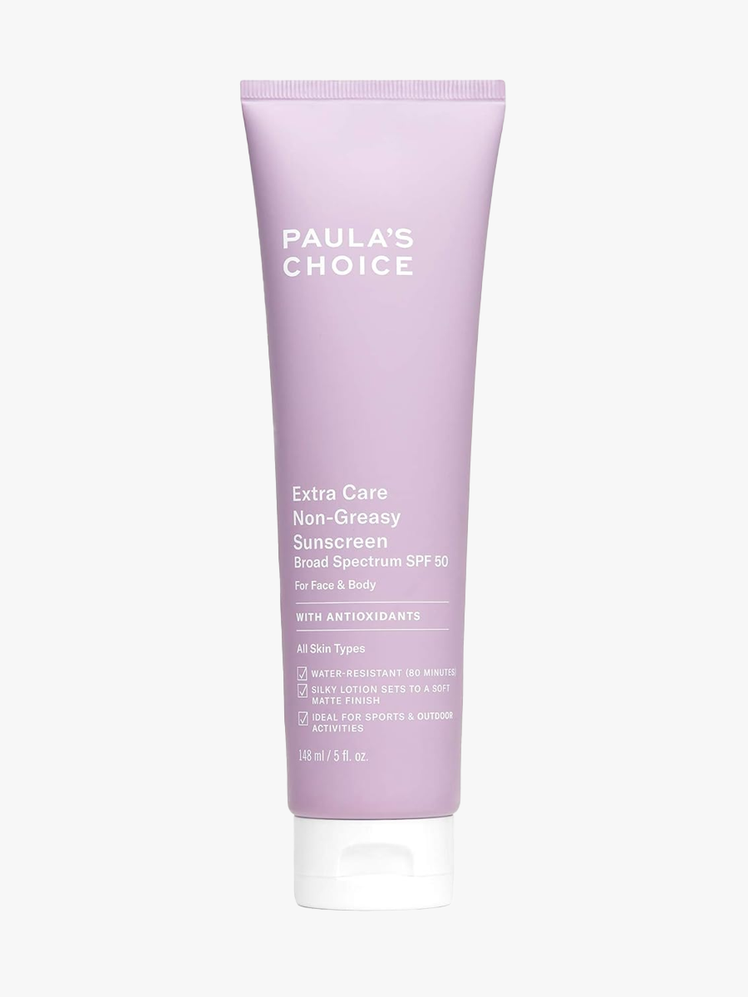 Paula's Choice Extra Care Non-Greasy Sunscreen SPF 50 in purple tube with white cap on light gray background
