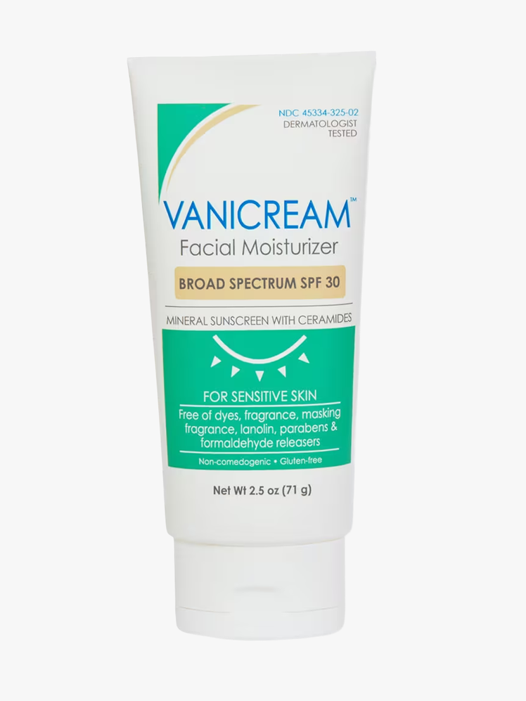 Vanicream Facial Moisturizer SPF 30 in branded white tube on light gray background