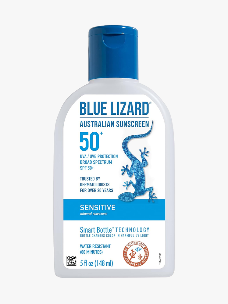 Blue Lizard Australian Sunscreen SPF 50 in branded gray bottle with blue cap on light gray background