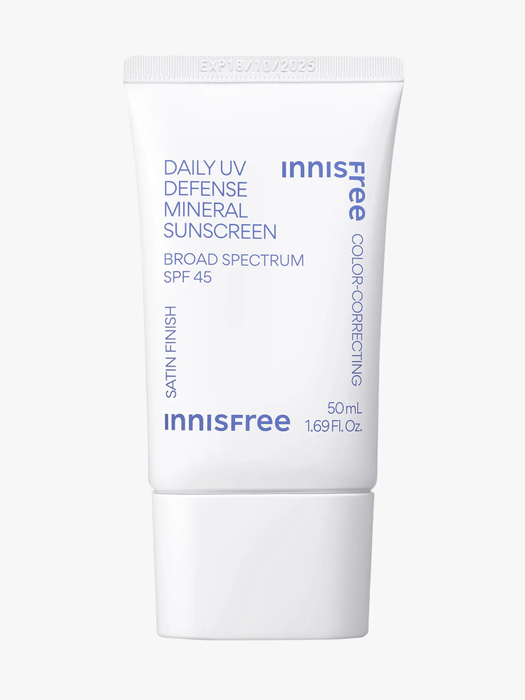 Innisfree Daily UV Defense Mineral Sunscreen Broad Spectrum SPF 45 in branded white tube on light gray background