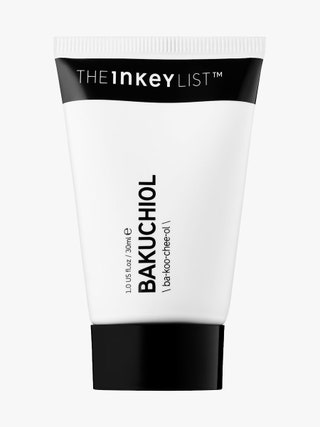 The Inkey List Bakuchiol Moisturizer white and black tube on light gray background