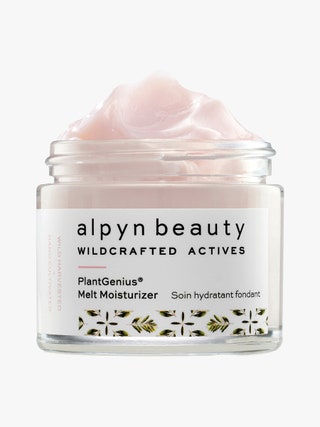 Alpyn Beauty Plantgenius Melt Moisturizer clear jar of pink moisturizer without a lid on light gray background