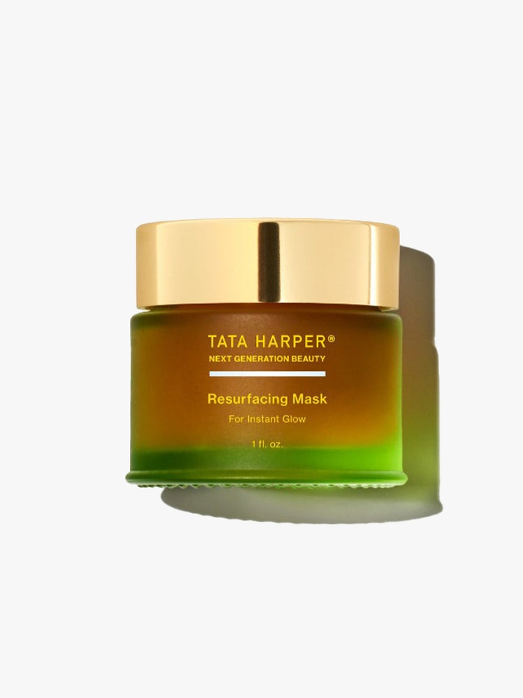 Tata Harper Resurfacing Mask brown and green jar with gold lid on light grey background