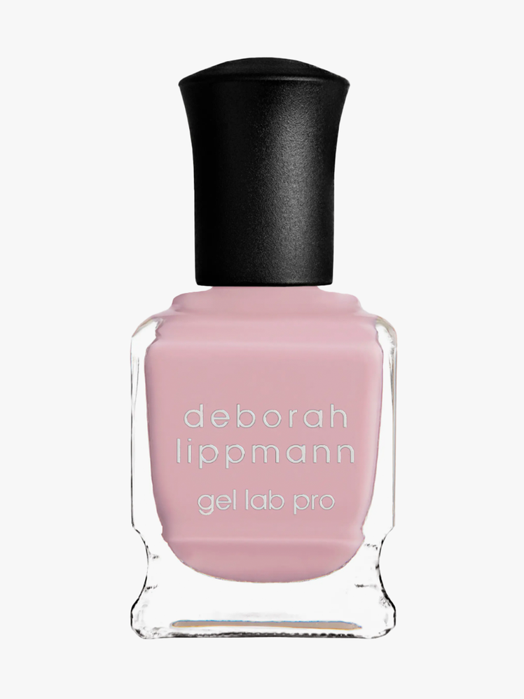 Deborah Lippmann Gel Lab Pro Nail Polish in clear glass bottle with black cap on light gray background