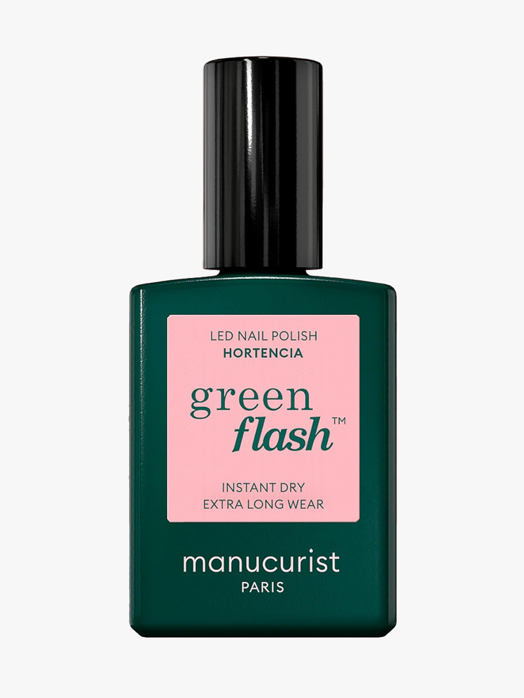 Manucurist Green Flash LED Gel Nail Polish in branded green bottle with black cap on light gray background