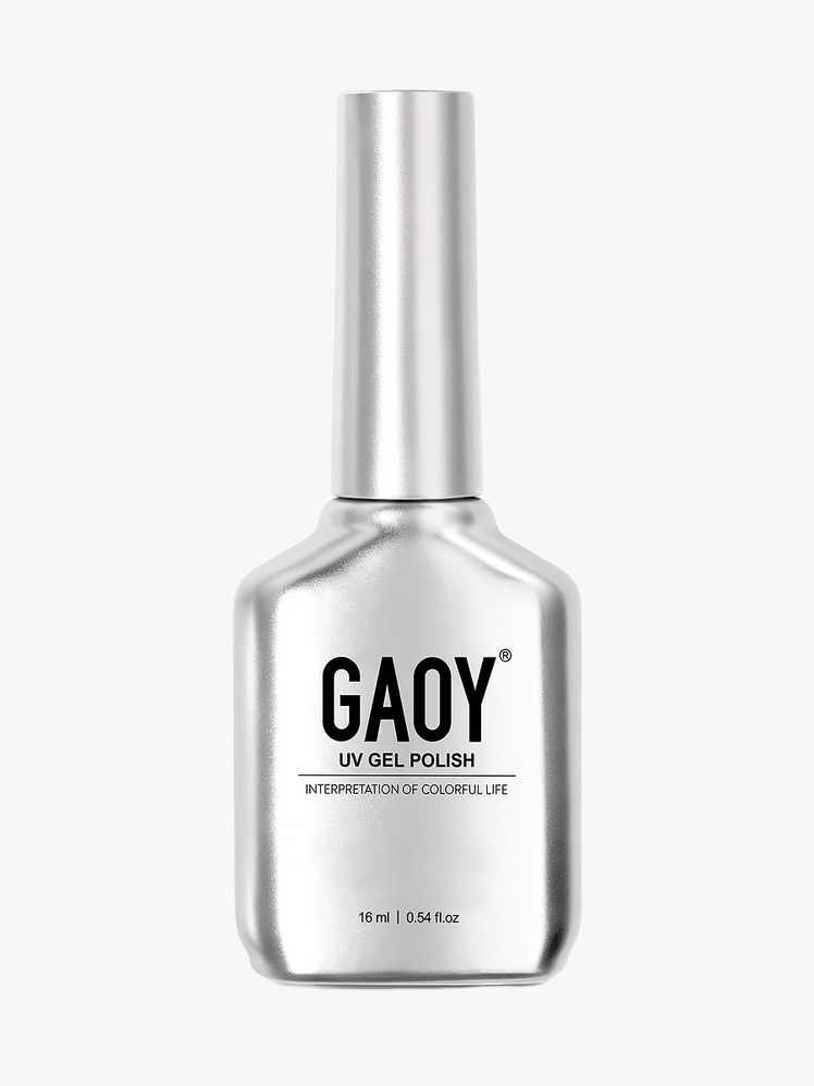 Gaoy Gel Nail Polish in branded silver bottle with cap on light gray background