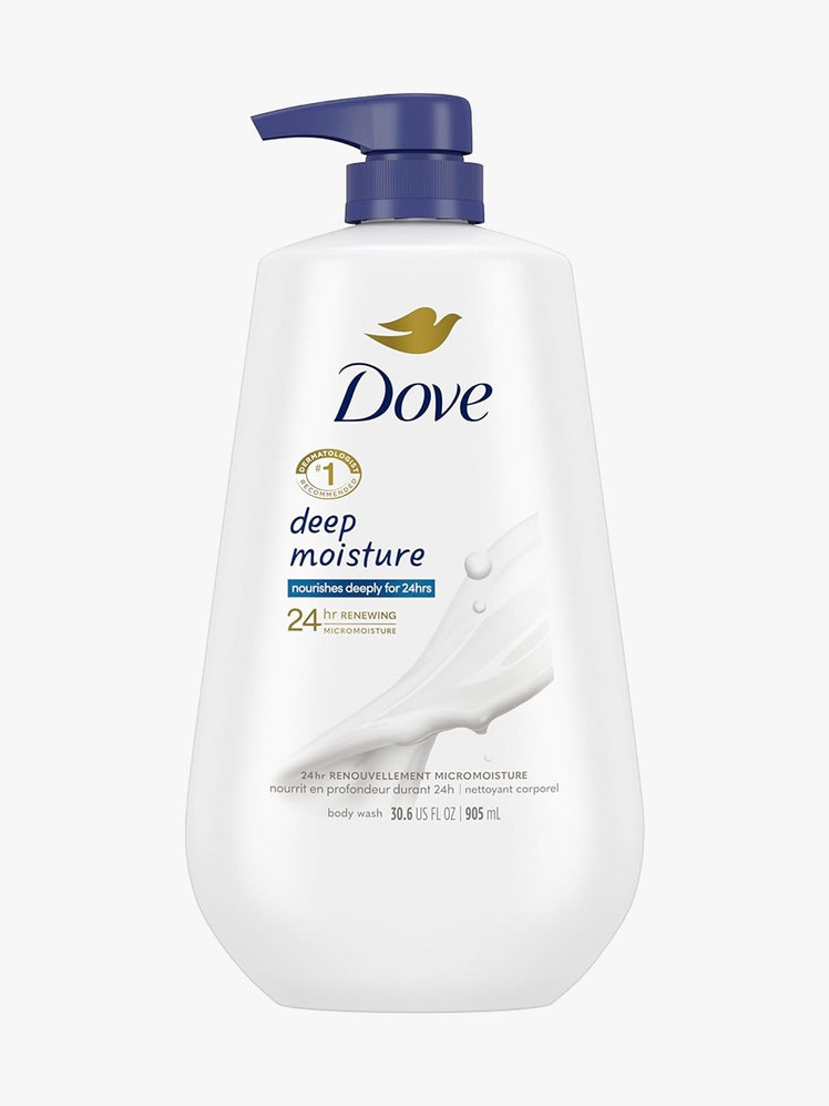 Dove Deep Moisture Body Wash wide white bottle of body wash with navy pump on light gray background