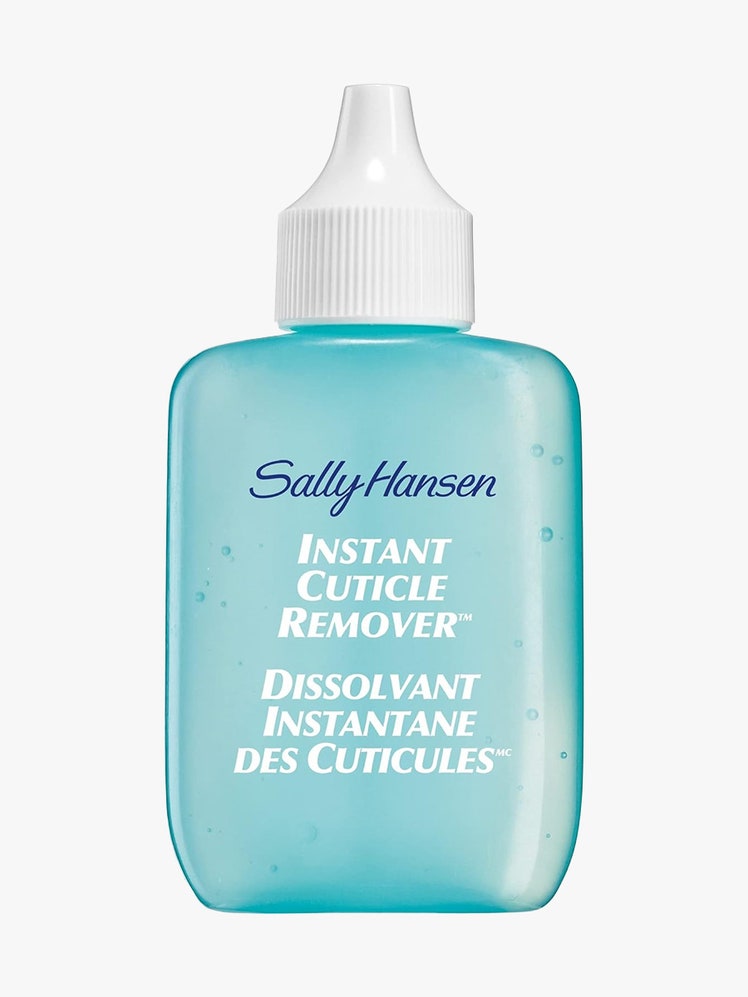 Sally Hansen Instant Cuticle Remover flat turquoise bottle with white pointed tip cap on light gray background