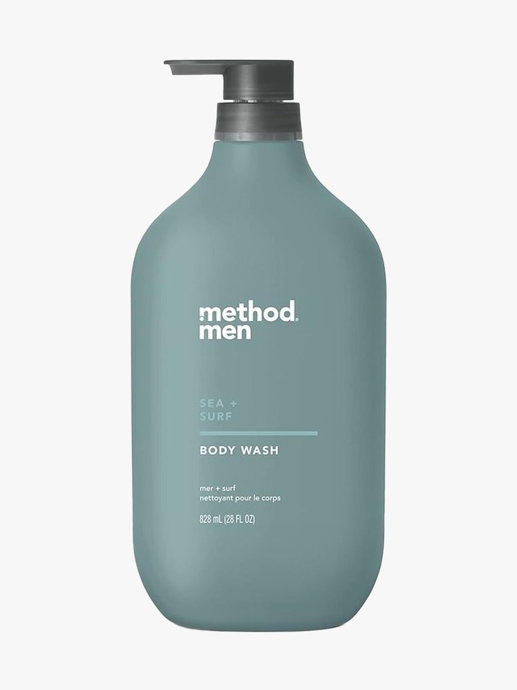 Method Body Wash teal bottle with black pump cap on light gray background