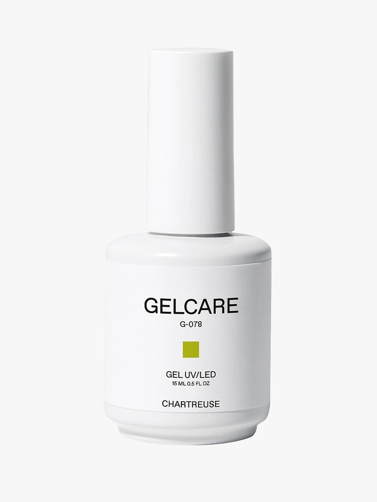 Gelcare Chartreuse Gel Nail Polish white nail polish bottle on light grey background