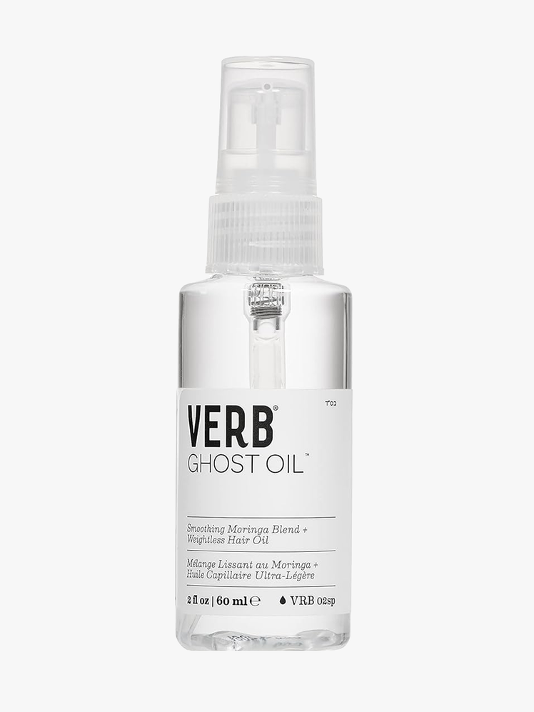 Verb Ghost Weightless Hair Oil in clear bottle with spray pump on light gray background