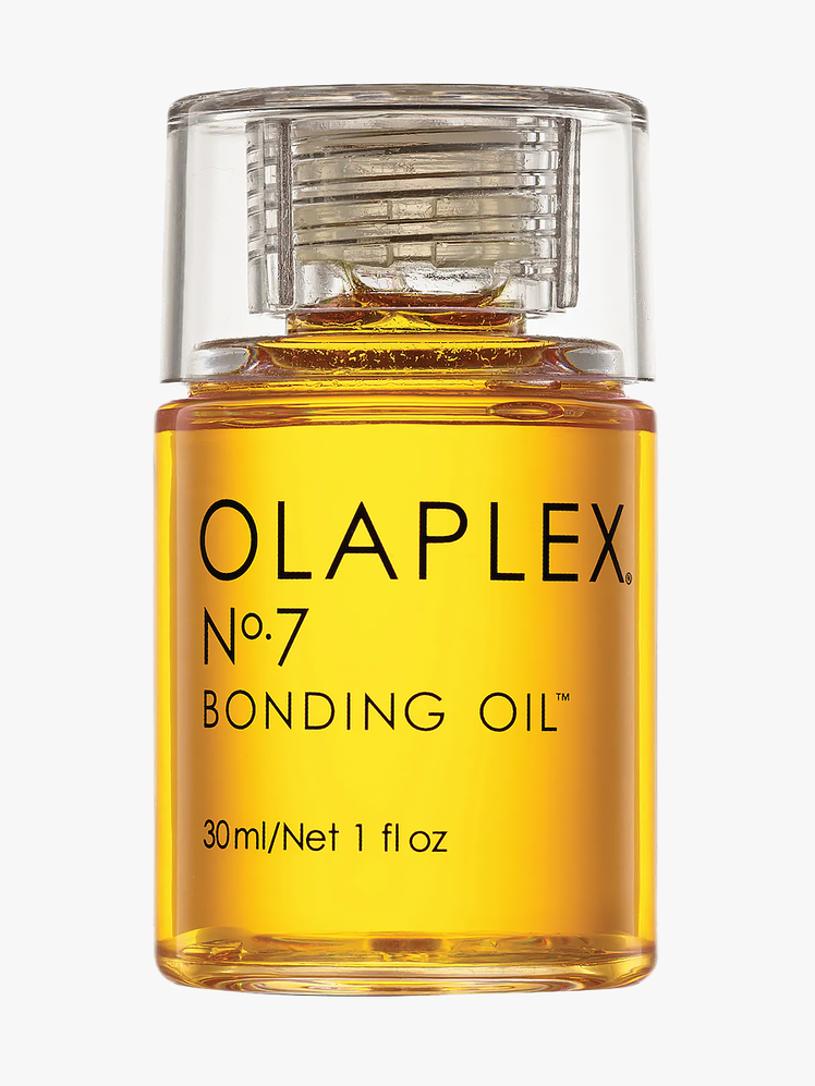 Olaplex No. 7 Bonding Oil in clear branded bottle with cap on light gray background