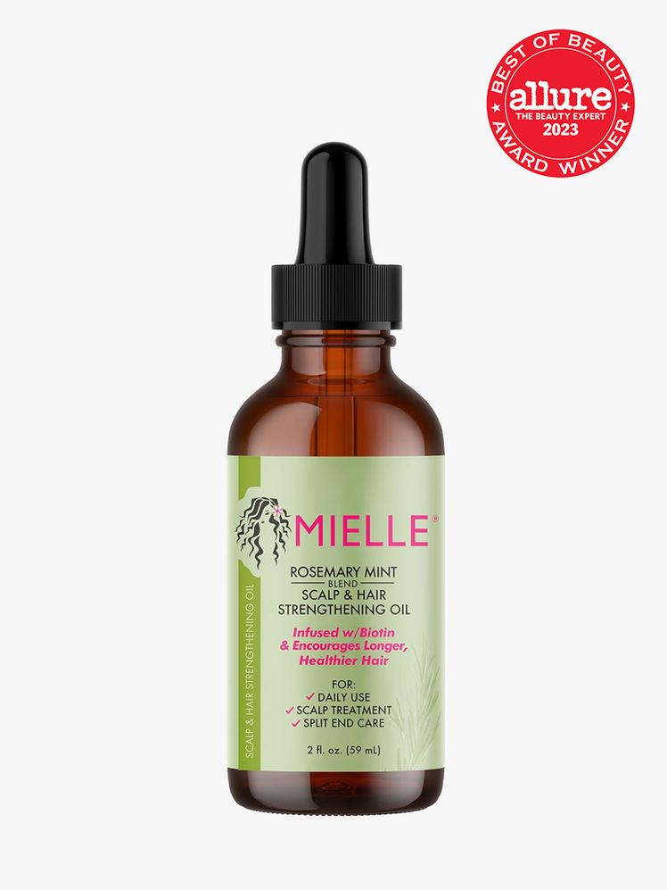 Mielle Organics Rosemary Mint Scalp & Hair Oil in branded amber bottle with black pipette next to allure best of beauty 2023 red seal on light gray background