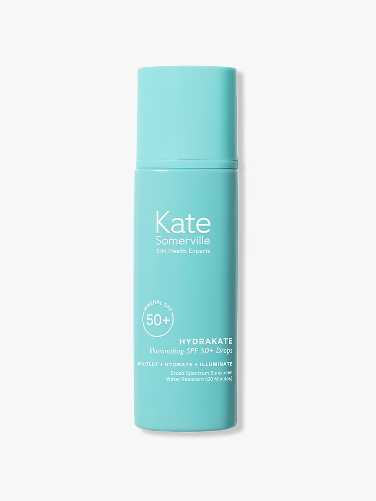 Kate Somerville HydraKate Illuminating SPF 50+ Drops: A blue tube with white text on a light gray background