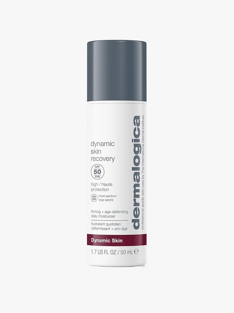 Dermalogica Dynamic Skin Recovery Moisturizer SPF 50: A white bottle with gray text and a gray cap on a light gray background