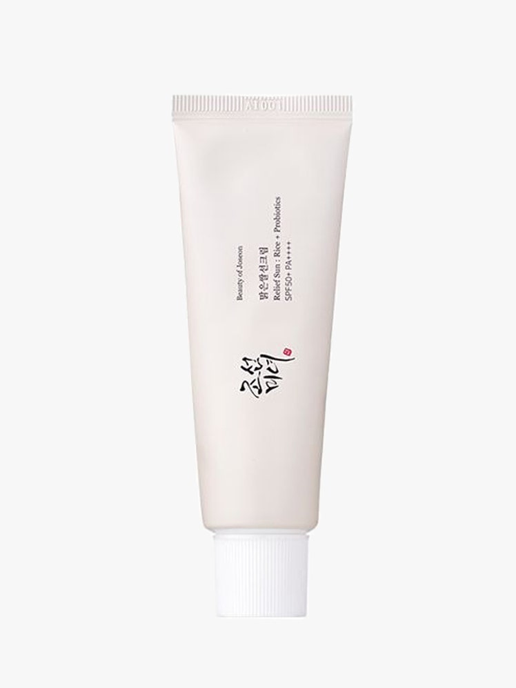 Beauty of Joseon Relief Sun SPF 50: A white tube with black text on a lgiht gray background