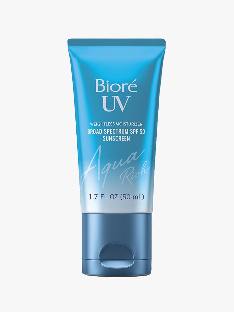 Bioré UV Aqua Rich SPF 50: A blue tube of sunscreen with white text on a light gray background