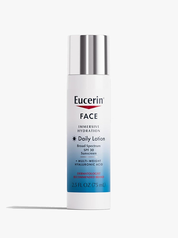 Eucerin Face Immersive Hydration Daily Face Lotion SPF 30: A white and blue pump bottle with silver cap on a light gray background