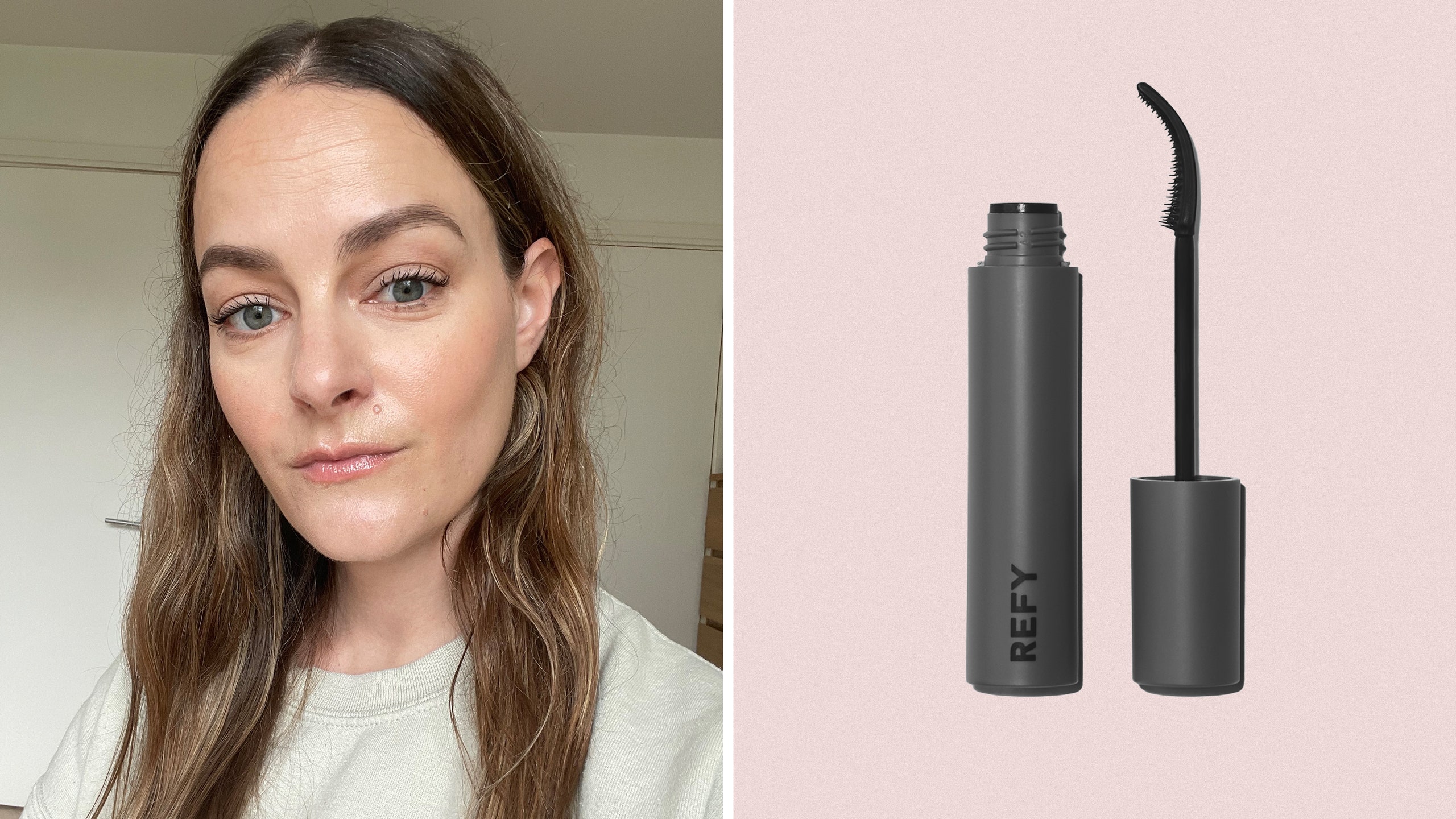 side by side photo of Allure contributor Sophia Panych and Refy Lash Sculpt Mascara on pink background