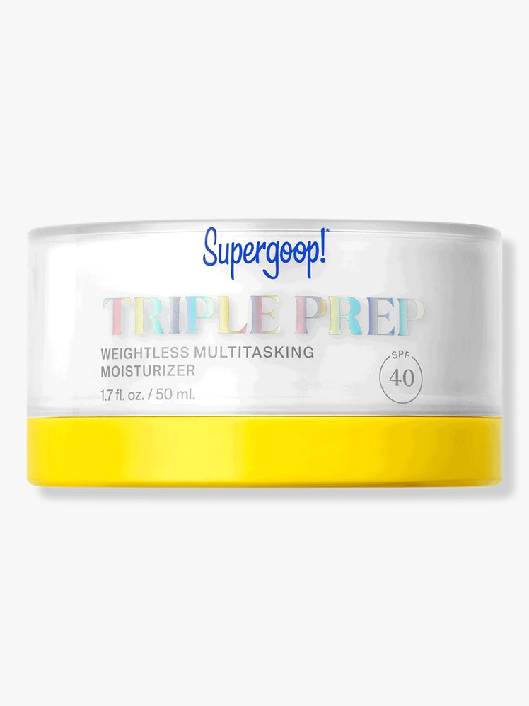 Supergoop Triple Prep Weightless Multitasking Moisturizer SPF 40: A white jar with yellow bottom and silver and blue text on a light gray background
