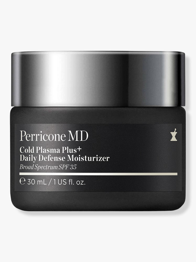 Perricone MD Cold Plasma Plus+ Daily Defense Moisturizer Broad Spectrum SPF 35: A black jar with white text and silver cap on a light gray background