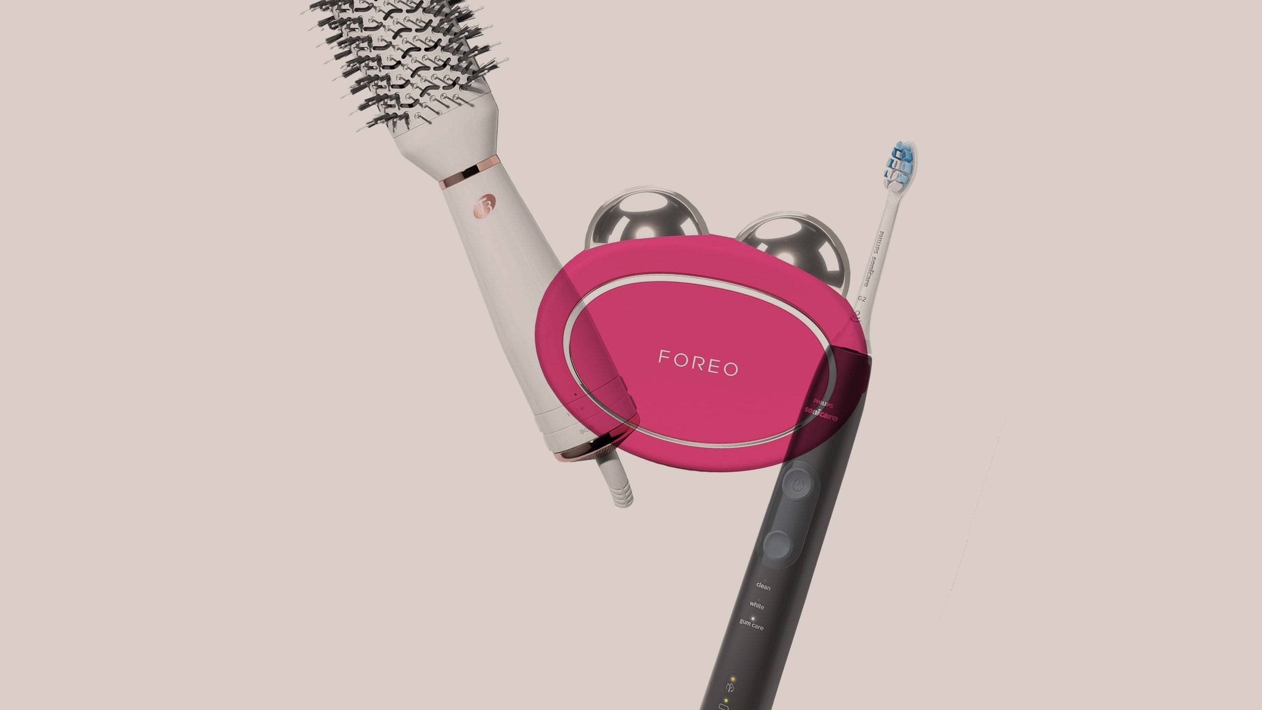 Amazon Prime Day Beauty Deals 2024 Beauty devices from T3 Foreo and Philips on a beige background