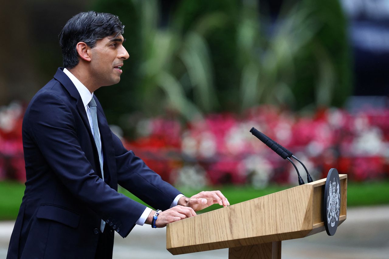 Outgoing British Prime Minister Rishi Sunak delivers a speech outside Number 10 Downing Street in London, England, on July 5.
