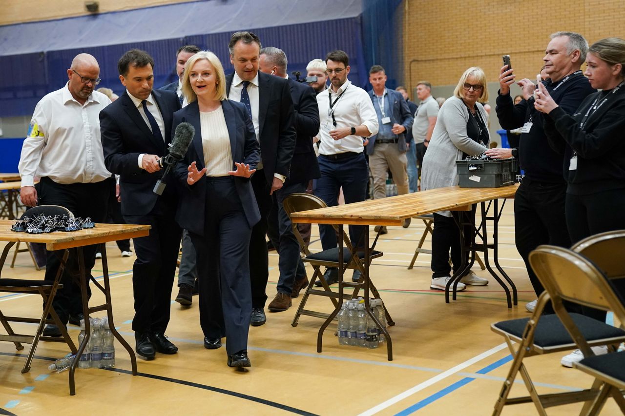 Former prime minister Liz Truss departs after losing her Norfolk South West seat to the Labour Party, at Alive Lynnsport in King's Lynn, Norfolk, on July 5.