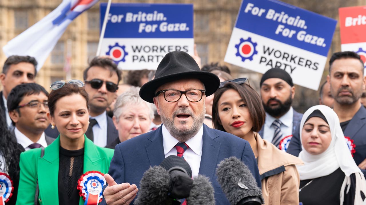 George Galloway speaks during a press conference on Parliament Square in London, on April 30.