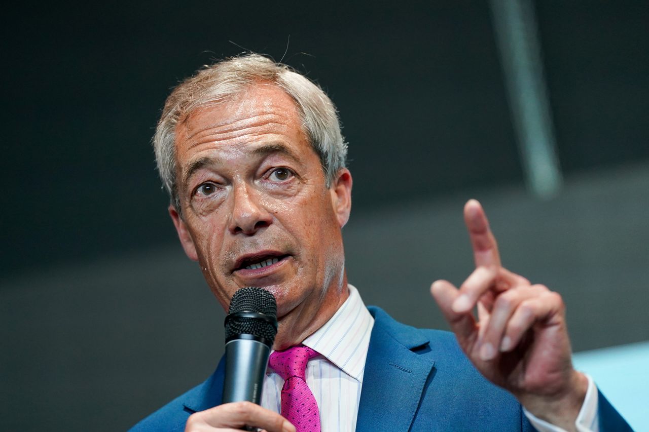 Reform UK leader Nigel Farage speaks to supporters during a campaign event at Rainton Arena in Houghton-le-Spring, Sunderland, England, on June 27.