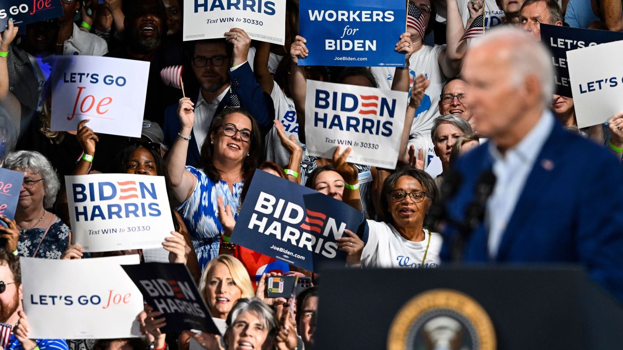 Supporters cheer as President Joe Biden speaks at a campaign rally in Raleigh, North Carolina, on June. 28.