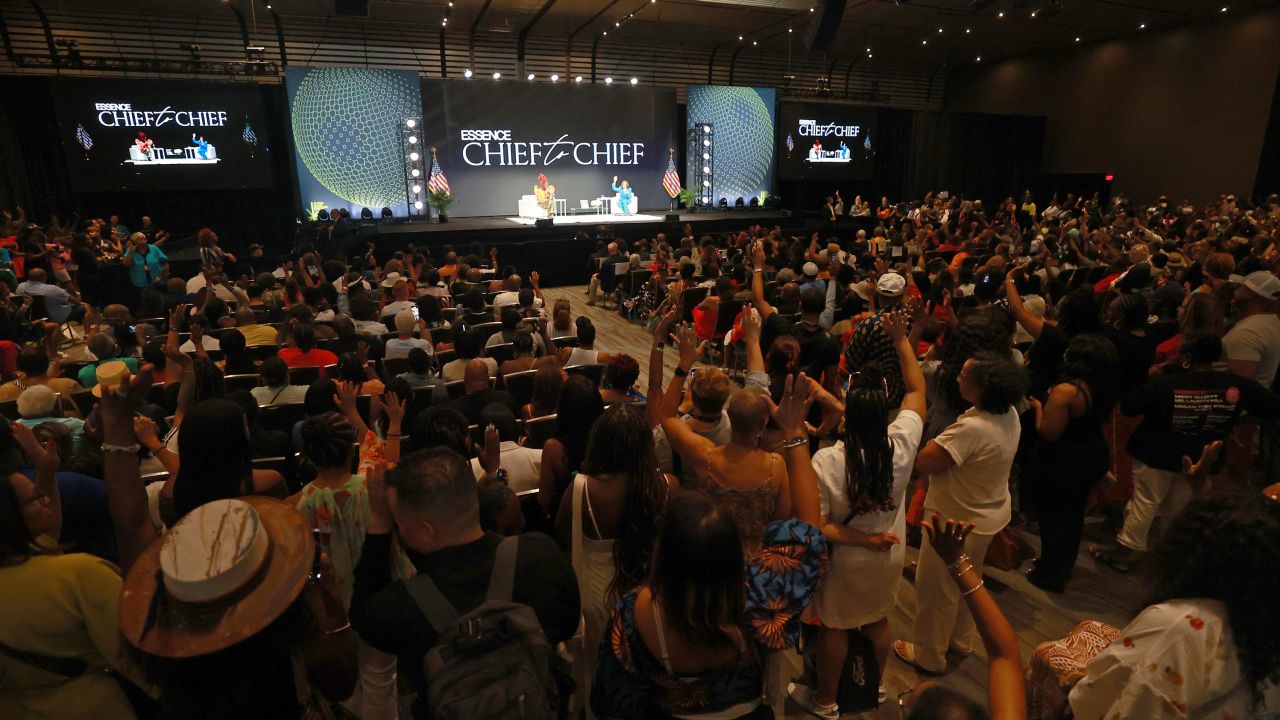 A large crowd listens as Vice President Kamala Harris speaks at the Essence Festival in New Orleans on July 6. 