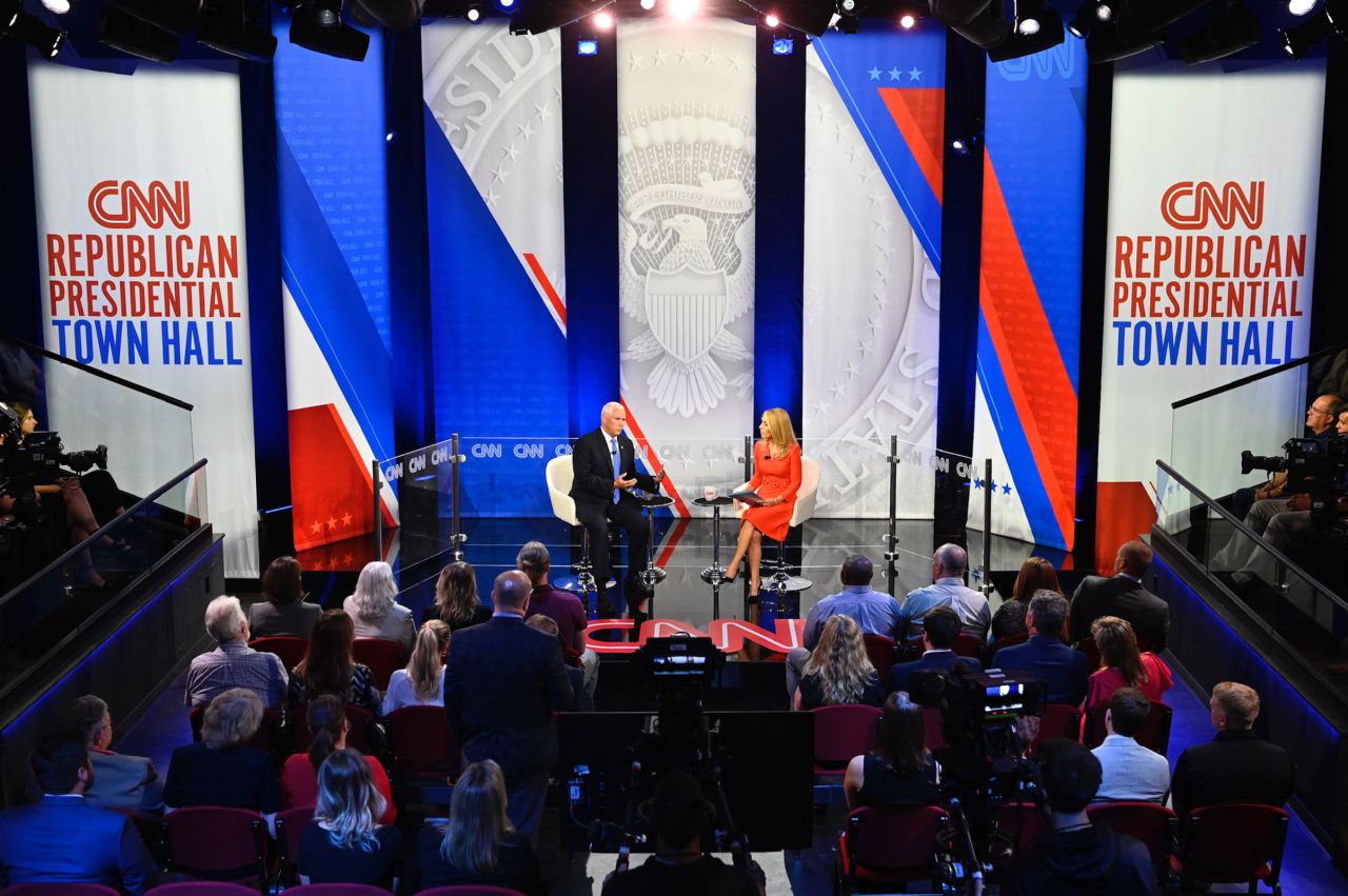 Former Vice President Mike Pence participates in a CNN Republican Presidential Town Hall moderated by CNN’s Dana Bash at Grand View University in Des Moines, Iowa, on Wednesday, June 7.