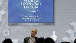 Microsoft's CEO Satya Nadella addresses the audience of a session at the annual meeting of the the World Economic Forum in Davos, Switzerland, Thursday, Jan. 24, 2019. (AP Photo/Markus Schreiber)