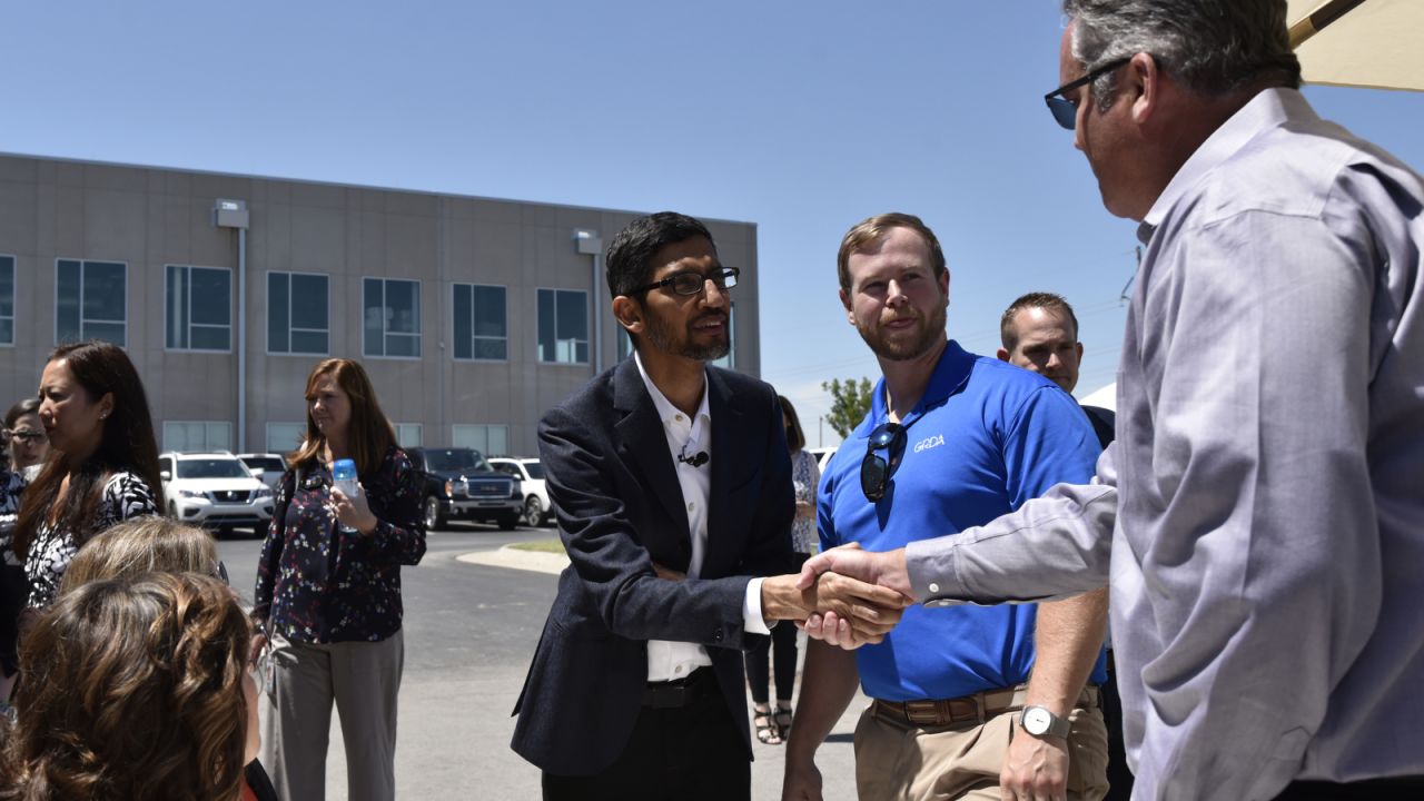 Google CEO Sundar Pichai greets attendees during an event at the Mayes County Google Data Center in Pryor, Oklahoma, June 13, 2019. Nick Oxford for CNN