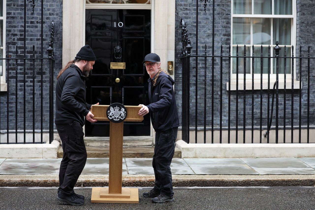 Workers place a lectern outside Number 10 Downing Street, following the results of the election, in London, England, on July 5.