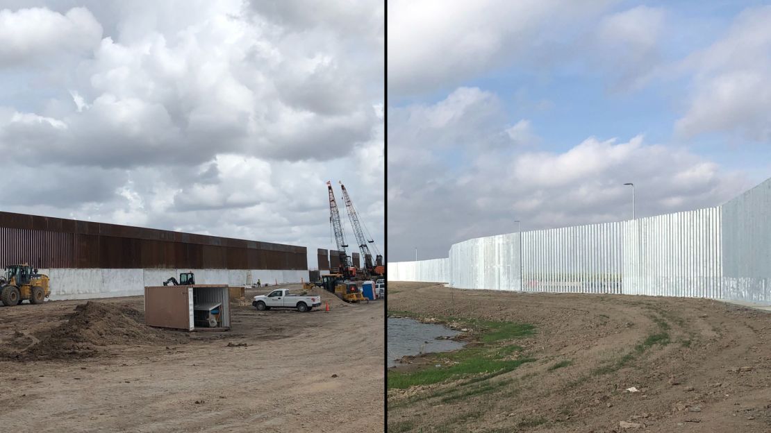 The Trump administration is building a border wall with federal funds (left). On right, a private wall being constructed by Fisher Industries is seen near the Rio Grande river. 