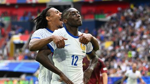 France's Randal Kolo Muani celebrates with teammates after his side scored the only goal of the game against Belgium.