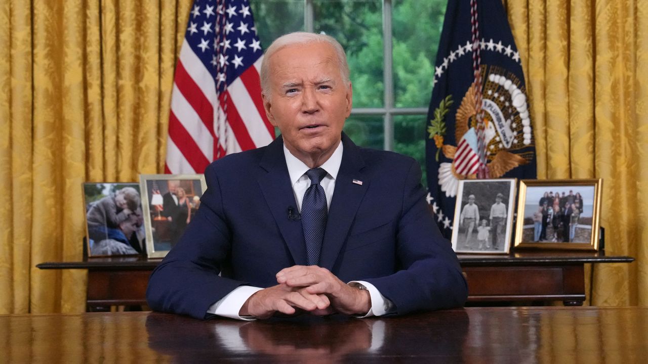 U.S. President Joe Biden delivers an address to the nation from the Oval Office of the White House in Washington, DC on July 14, 2024.    Erin Schaff/Pool via REUTERS