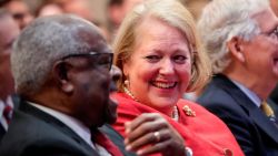 WASHINGTON, DC - OCTOBER 21: (L-R) Associate Supreme Court Justice Clarence Thomas sits with his wife and conservative activist Virginia Thomas while he waits to speak at the Heritage Foundation on October 21, 2021 in Washington, DC. Clarence Thomas has now served on the Supreme Court for 30 years. He was nominated by former President George H. W.  Bush in 1991 and is the second African-American to serve on the high court, following Justice Thurgood Marshall. (Photo by Drew Angerer/Getty Images)