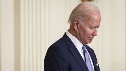 WASHINGTON, DC - JULY 05: U.S. President Joe Biden bows his head in prayer before presenting the Medal of Honor to four U.S. Army soldiers who fought in the Vietnam War during an event in the East Room of the White House on July 05, 2022 in Washington, DC. Biden presented the Medal of Honor to Army Specialist Dwight W. Birdwell, Major John J. Duffy, Specialist Dennis M. Fujii, and posthumously to Staff Sergeant Edward N. Kaneshiro. (Photo by Win McNamee/Getty Images)