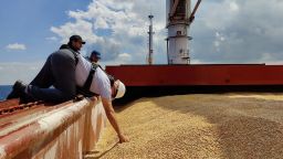 The Joint Coordination Centre officials are seen onboard Sierra Leone-flagged cargo ship Razoni, carrying Ukrainian grain, during an inspection in the Black Sea off Kilyos, near Istanbul, Turkey August 3, 2022. Turkish Defence Ministry/Handout via REUTERS ATTENTION EDITORS - THIS PICTURE WAS PROVIDED BY A THIRD PARTY. NO RESALES. NO ARCHIVES.