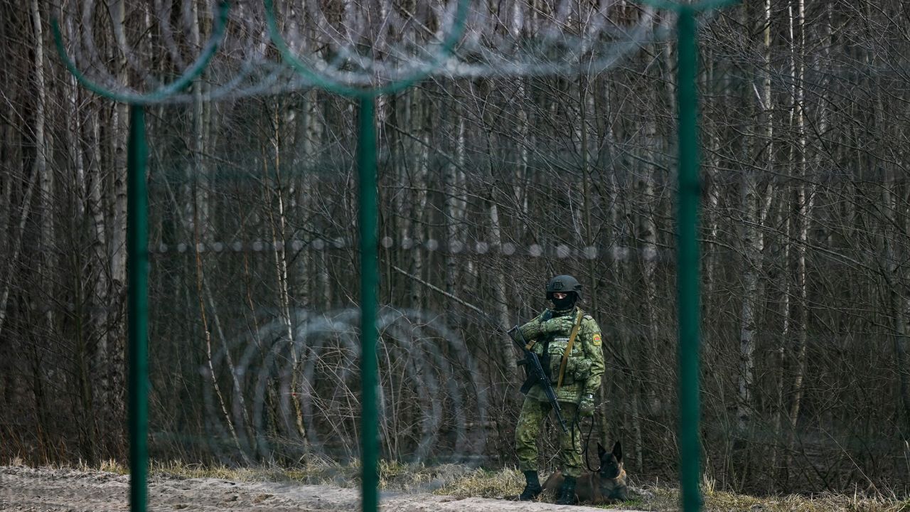 Belarusian border guards patrol along the frontier near the Divin border crossing point between Belarus and Ukraine in the Brest region on February 15, 2023. (Photo by Natalia KOLESNIKOVA / AFP) (Photo by NATALIA KOLESNIKOVA/AFP via Getty Images)