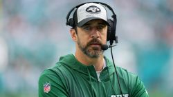 MIAMI GARDENS, FL - DECEMBER 17: New York Jets Aaron Rogers walks the sidelines during the game between the New York Jets and the Miami Dolphins on Sunday, December 17, 2023 at Hard Rock Stadium, Hard Rock Stadium, Fla. (Photo by Peter Joneleit/Icon Sportswire via Getty Images)