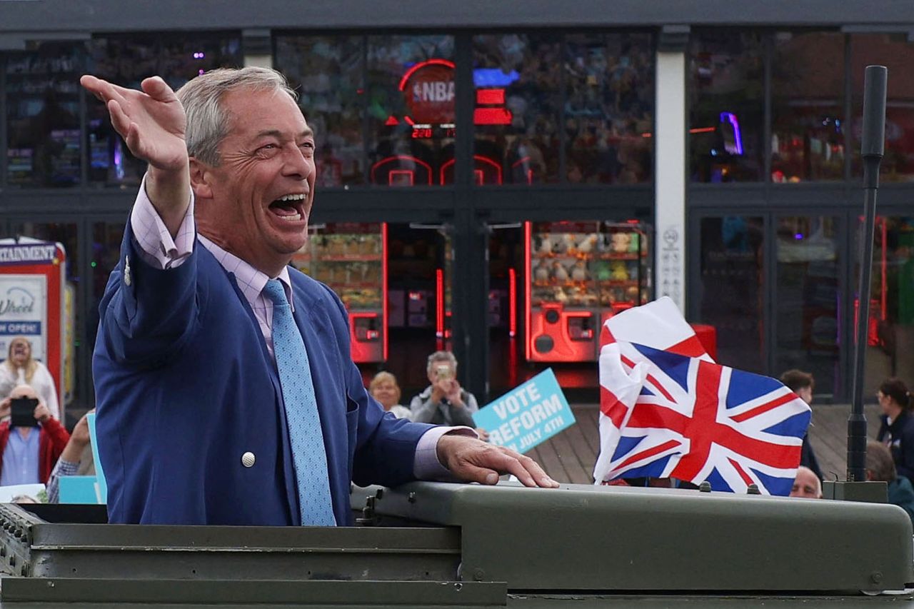 Reform UK party leader Nigel Farage arrives to deliver a stump speech to supporters on July 3, in Clacton-on-Sea, England. 