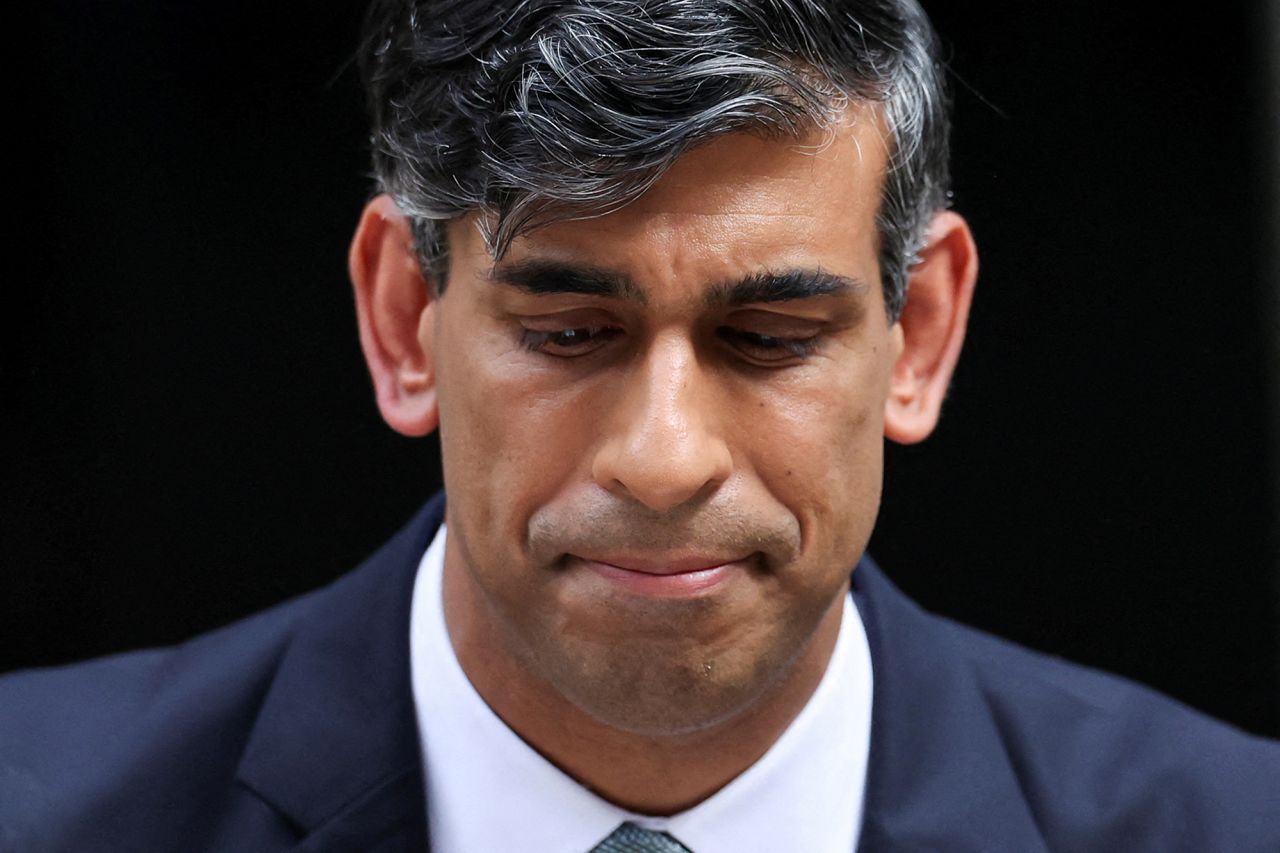 Outgoing British Prime Minister Rishi Sunak speaks at Number 10 Downing Street, following the results of the elections, in London, England, on July 5.