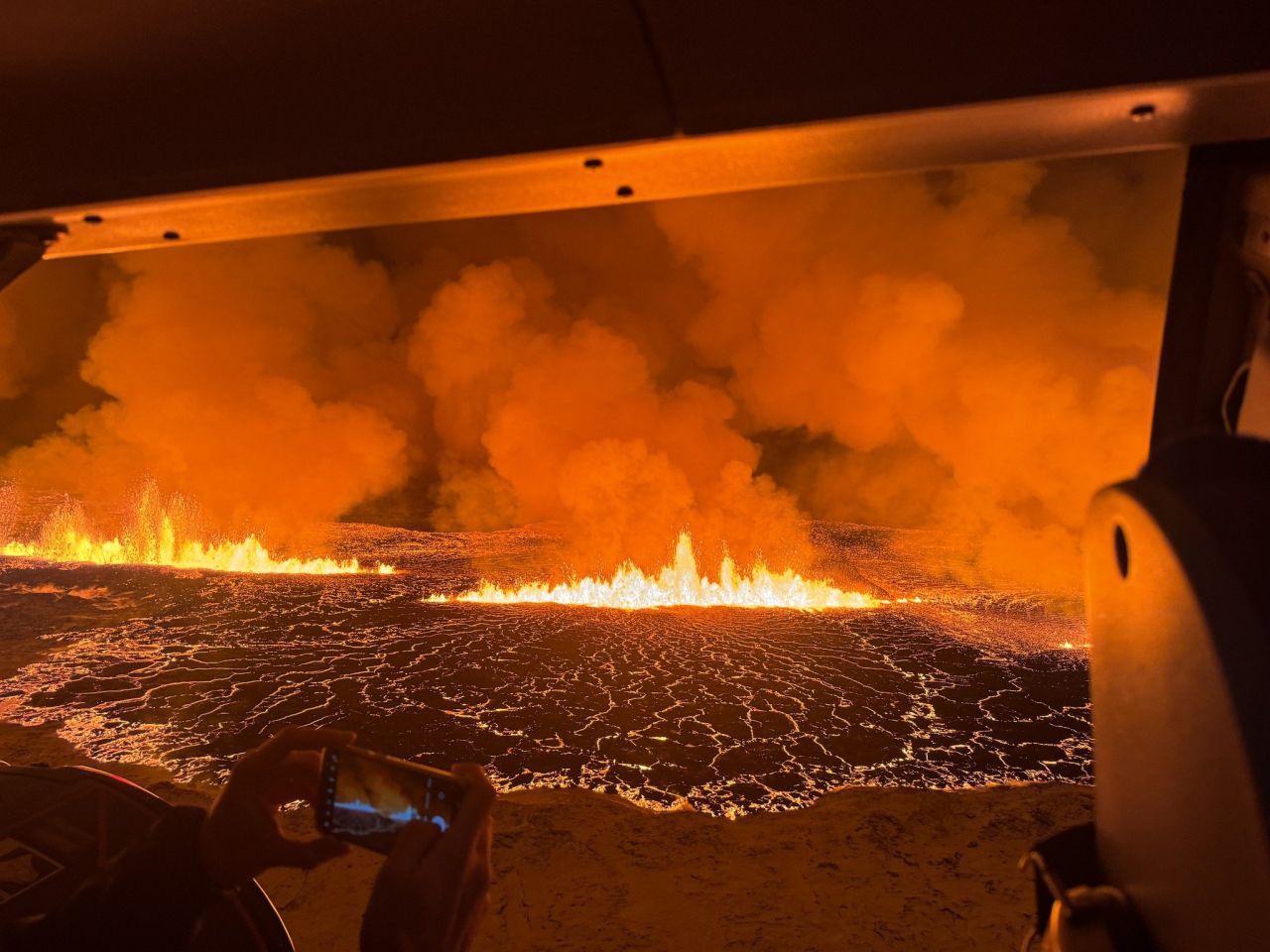 A view from a helicopter shows the volcano eruption on Iceland's Reykjanes peninsula, on December 19.